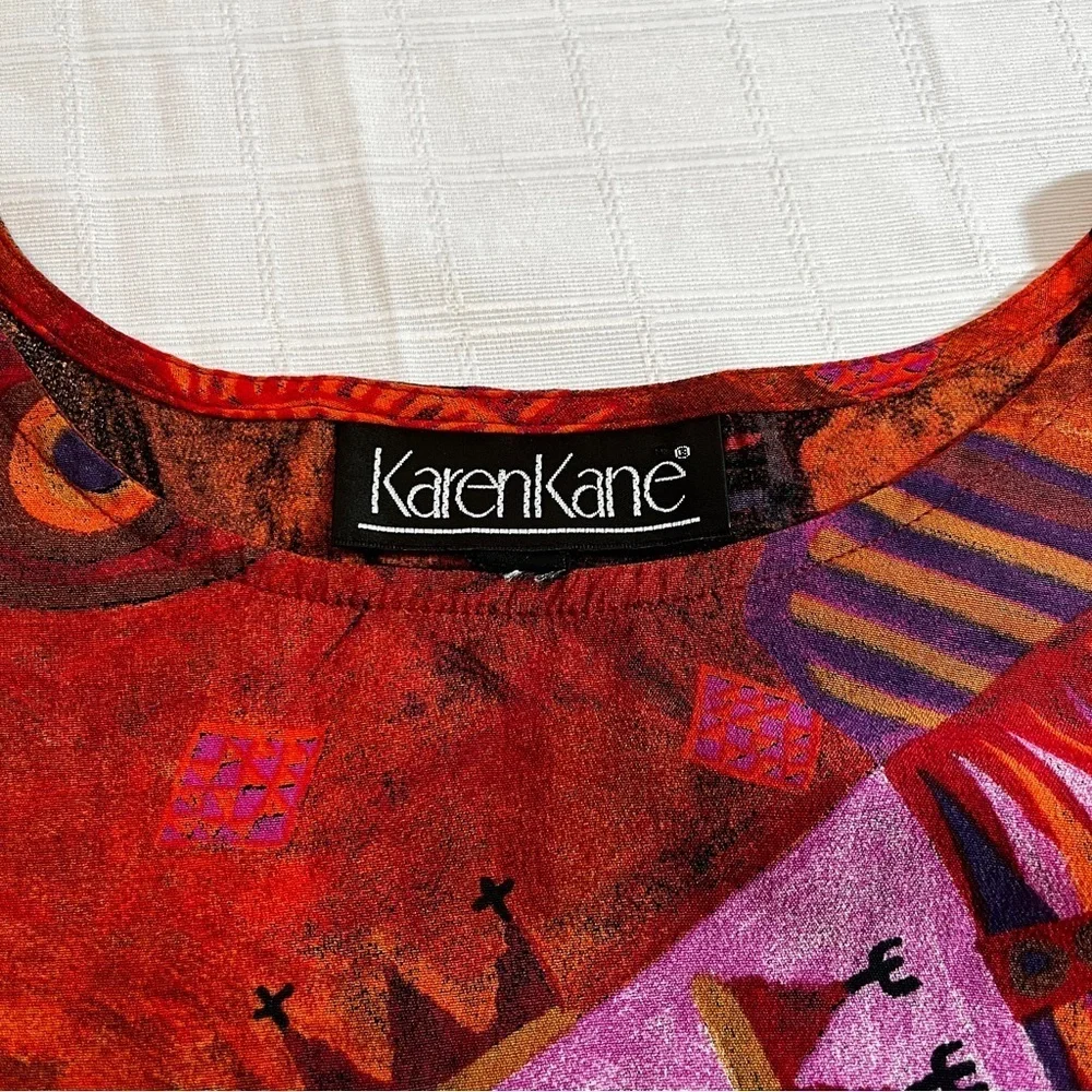 Vintage Karen Kane Multicolor Abstract Top Wearable Art Orange & Brown Statement - Picture 5 of 7